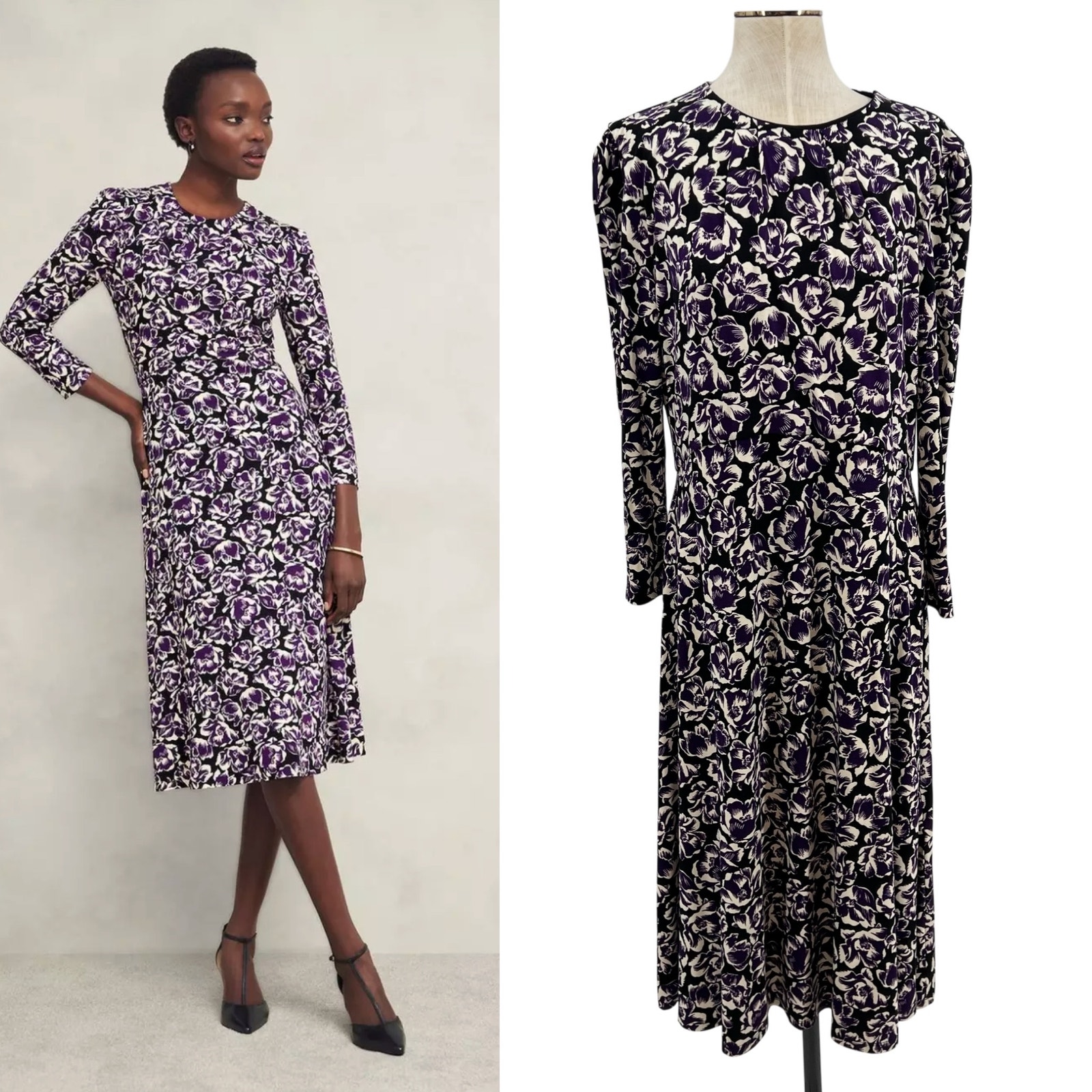 Hobbs London Paige Floral Jersey Dress Purple Black Long Sleeve Midi Us 12